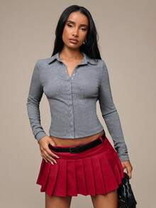 SHEIN BAE 女士时尚性感纯色百褶迷你裙 - 紅色 - 查看 8