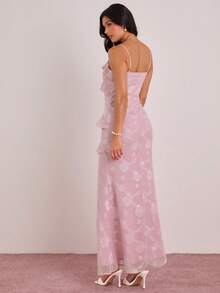 Enchnt Robe longue élégante pour femmes avec découpes, patchwork, volants et fente sur l'ourlet - Parme - Voir 7