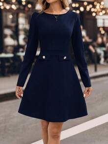 EMERY ROSE Women's Elegant Navy Blue Long Sleeve Mini Dress,Solid Color Button Blazer Dress For Autumn Office,Dark Blue Dress - Navy Blue - View 3