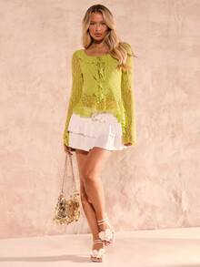 SHEIN Glamour Delicate French Style Mint Green Lace Ruffle Trim Lightweight Lace Fabric T-Shirt With Sheer Hazy Effect, Featuring Layered Ruffle Trim At Neckline, Hem And Cuffs, Plus Front Tie Detail, Sweet And Feminine Yet Slightly Sexy, Suitable For Casual Outings And Gatherings With Friends - Green - View 4