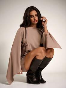 SHEIN ICON Women's Solid Color Boat Neck Flare Sleeve Fashionable Loose Mini Dress,Women's Winter Dress,Casual Outfit For Women Bell Sleeves Neutral Clothes For Women Cape Top Women's Fashion - Khaki - View 1