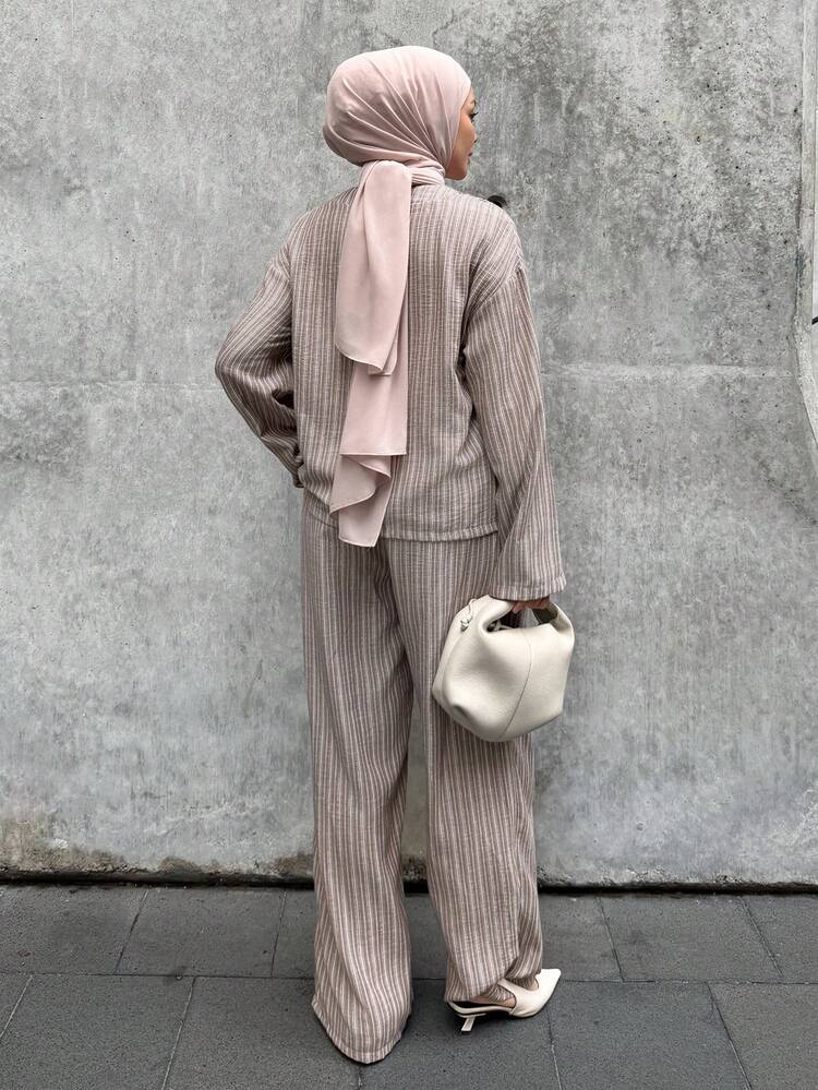 2pcs Women Solid Color Minimalist Long Sleeve Top And Pants Set, Casual Everyday Wear