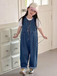 DAZY Young Girls Round Neck Washed Korean Style Casual Denim Bib Pants And Jumpsuit