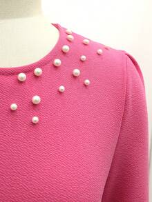 SHEIN Elegant Fashionable Contrast Color Ribbon & Pearl Collar Dress For Teenage Girls - Hot Pink - View 6