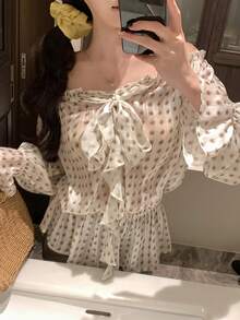 DAZY Women's Floral Polka Dot Tie Waist Off-Shoulder Flare Sleeve Elegant Vacation Blouse, Spring/Autumn - Apricot - View 7