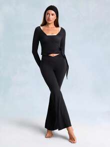 GLOWMODE FeatherFit™ Split Decision 2-In-1 Reversible Wear Buttery-Soft Stretchy Sweat-Wicking Tie-Waist Long Sleeve Top Yoga Pilates Studio Daily Casual - Black - View 8