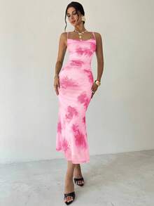 Firerie Women's New Romantic Floral Mesh Plunging Neck Fishtail Hem Midi Bodycon Dress, Sexy Elegant Dress, Spring/Summer Outfit, Beach, Commute, Elegant, Sexy, Vacation, Beach, Boho, Hawaii, Music Festival, Romantic, Date, Wedding Season, Graduation Ceremony, Prom - Baby Pink - View 6