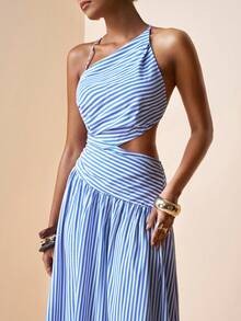 Zivah 2026 Spring/Summer New Arrival Music Festival, Easter, St. Patrick's Day, Valentine's Day, Date, Western, Nomadic, Birthday Party, Graduation, College, Student, Daily Casual, Basic Versatile, Leisure, Vacation, Cruise Travel, Beach, Sunbathing, Viral , Streetwear, Wedding Guest Boho, Commute, Brunch, Airport, Party, Holiday Outing, Office Wear Sleeveless Asymmetric Waist Hollow A-Line Long Striped Print Maxi Dress Blue Striped Dress - Blue - View 7