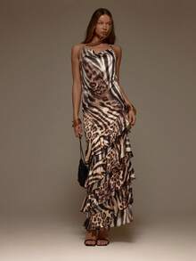 MUSERA 动物纹缎面交叉前襟层叠荷叶边无袖长款连衣裙，情人节性感可爱派对浪漫夜晚外出场合度假优雅春夏 - 彩色 - 查看 3