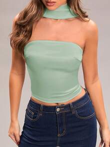 SHEIN BAE Women's Solid Color Cropped Fitted Elegant Halter Top - Mint Green - View 4