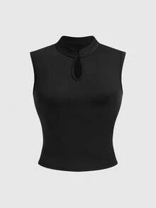ROMWE Avant New Chinese Style Cheongsam Collar Sexy Hollow Teardrop Chest Minimalist Chic Women Tank Top - Black - View 1