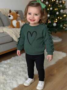 SHEIN Playful Pals 2pcs/Set Baby Girls Autumn New Ribbed Fabric Round Neck Long Sleeve Ruffle Trim Front Heart Print Casual Long Pants Simple Cute Homewear Matching Set - Multicolor - View 8