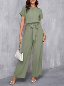 SHEIN Clasi Women's Elegant Round Neck Jumpsuit With Waist Belt And Wide Leg - Mint Green - View 1