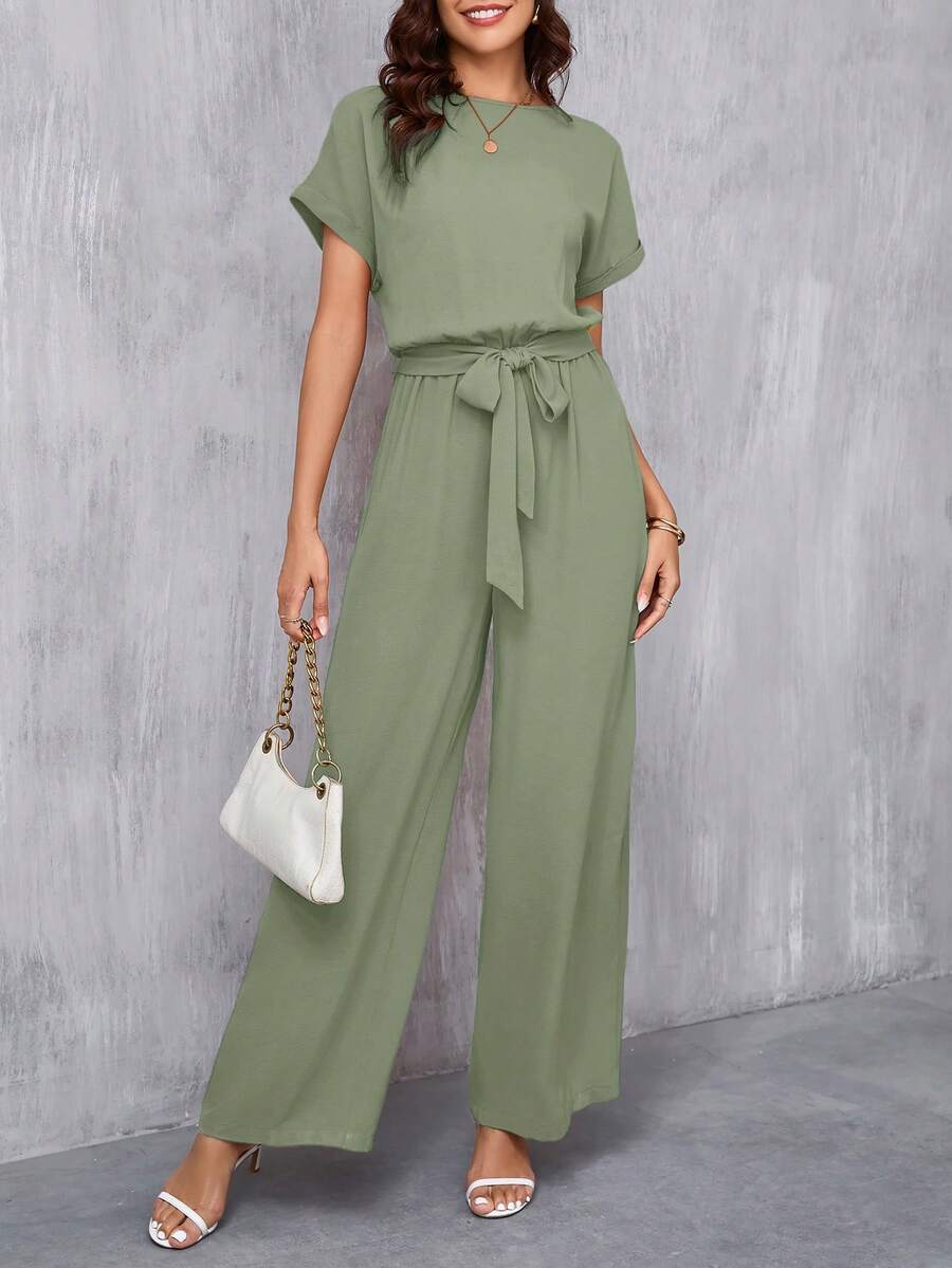 SHEIN Clasi Women's Elegant Round Neck Jumpsuit With Waist Belt And Wide Leg - Mint Green - View 1