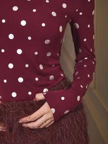 Maija 女士波点图案圆领长袖修身时尚T恤派对上衣红色上衣女士新年亮片上衣红色上衣女士波点上衣新年女士休闲波点派对新年夜波点上衣红色上衣酒红色上衣情人节女士 - 酒紅色 - 查看 8