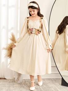 SHEIN Serisse Kids 少女撞色拼接腰部褶皱胸部可调节肩带前荷叶边长袖方领中长连衣裙，适合居家和户外活动，秋冬季波西米亚风，复古提花拼接腰部长袖长裙，宫廷公主风连衣裙 - 杏色 - 查看 5