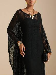 SHEIN Veneréa 两件套女士黑色蕾丝薄纱罩衫和吊带连衣裙套装 - 黑色 - 查看 5