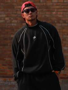 DAZY Spring Letter Print Contrast Stripe Crew Neck Men's Pullover Sweatshirt - Black - View 4