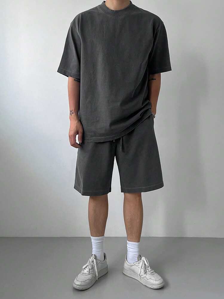 Men's Solid Gray Round Neck T-Shirt Set, Summer