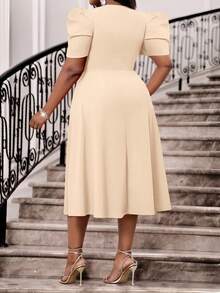 SHEIN Lady Vestidos de manga corta midi con mangas abullonadas y pierna acampanada, de punto rojo, elegantes para oficina, fiesta, boda, cóctel, concierto/festival de música, talla grande, para cumpleaños, eventos, bodas, vacaciones, verano para mujeres - Caqui - Ver 2