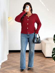 Calvaya Áo khoác cardigan cỡ lớn, kiểu dáng mới, đa năng, tối giản, màu trơn, cài cúc hình hoa hồng. - Màu Đỏ Sâu - Xem 3