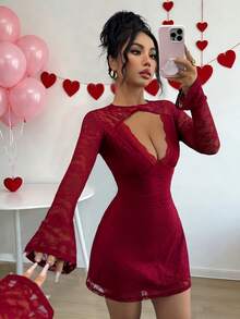 Rafferiza Women's Elegant Romantic Lace Round Neck Hollow Splice Lace Trim Long Sleeve Elastic A-Line Mini Dress, Suitable For Date, New Year, Party, Wine Red, Thanksgiving, Valentine's Day Slay Diva Dress Dark Red Dress Red Wine Dress Birthday Dinner Dress Sexy Red Sexy Dress - Burgundy - View 1
