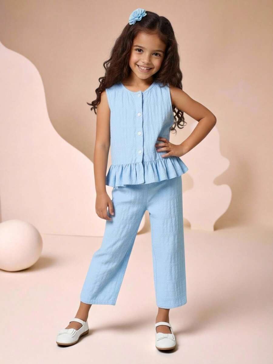 SHEIN 年轻女孩休闲街头时尚通勤装，纹理面料无袖圆领上衣和直筒裤套装