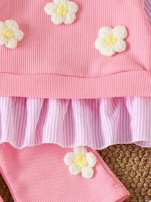 Souflis Souflis Spring Baby Girl Pink Round Neck Long Flare Sleeve Top And Long Pants Set With Plant Pattern And Ruffles - Pink - View 3