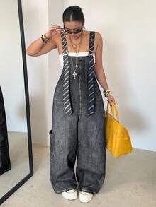 POPSWAY 大码女式牛仔布效果背带条纹撞色大口袋休闲街头风连体裤，适合度假、约会、派对、户外活动