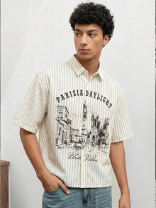 Manfinity Unisex Men's Woven Short Sleeve Vertical Striped Letter Print Fashionable Shirt, Couple Things