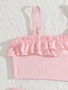 Young Girls Bikini Sets Pink And White Splicing Stripes Cute Lotus Leaf Slant Shoulder Flyedge Single Adjustable Shoulder Strap Lotus Leaf Edge Triangle Swimsuit Split Two Piece Set Suitable For Summer Vacation Beach Beach Swimming Pool Summer Party Leisure Play Swimsuits For Eight Year Old Two Pieces With Ruffles Young Girl 2 Pieces Ruffled Swimwear Set