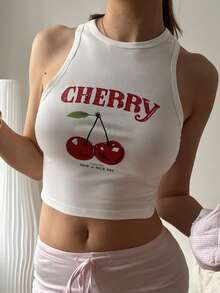 SHEIN EZwear 休閒櫻桃圖案白色修身女士背心，夏日風格