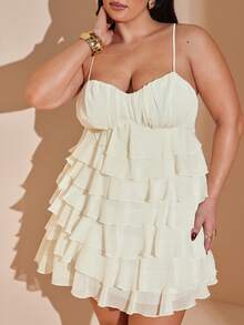 SHEIN BAE 加大码女式杏色层叠荷叶边短裙 - 杏色 - 查看 7