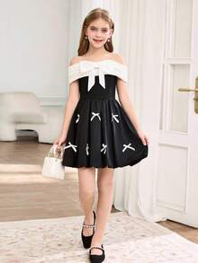 SHEIN 1pc Tween GirlsBlack & White Off-Shoulder Dress With Detachable Big Bow, A-Line Skirt With Butterfly Decor, Fashionable & Personalized, Suitable For Indoor/Outdoor, Party, Daily Wear, Spring/Summer - Multicolor - View 3