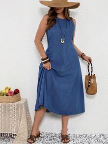 EMERY ROSE 大码女式夏季休闲度假日常通勤无袖收腰牛仔连衣裙 - 藍色 - 查看 5