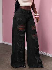 Slaydiva Damen Jeans in Große Größen mit Destroyed-Effekt - Schwarz - Übersicht 5