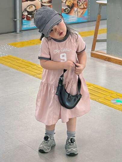 Dazy Kids 女婴休闲字母印花圆领短袖连衣裙，夏季