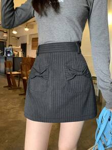 DAZY 女士条纹韩式蝴蝶结腰带休闲A字裙