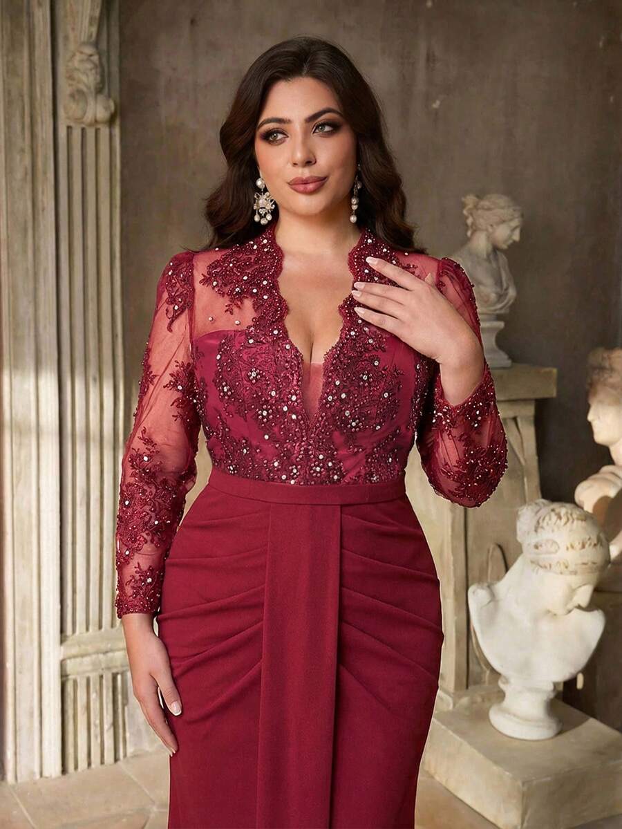 Aureia 大码优雅浪漫杏色深V领花卉装饰腰部褶皱美人鱼裙摆正式晚礼服 - 酒紅色 - 查看 1