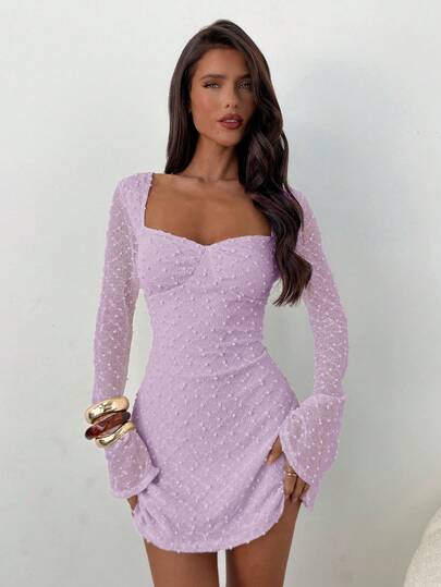 Aloruh Women's Elegant Square Neck Ruched Flare Sleeve Fitted A-Line Mini Dress