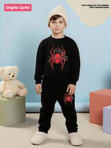 SHEIN GraphicGems Young Boy Spider Print Crew Neck Sweatshirt And Sweatpants Casual Outfit, Spring Autumn Chic Outfits For Autumn/Winter