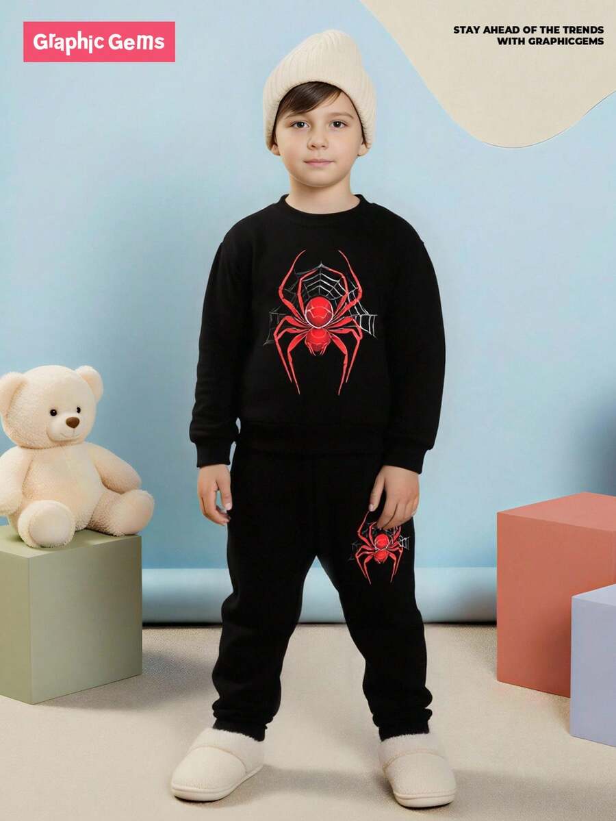 SHEIN GraphicGems Young Boy Spider Print Crew Neck Sweatshirt And Sweatpants Casual Outfit, Spring Autumn Chic Outfits For Autumn/Winter