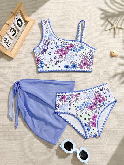 Sparklyn Young Girls Bikini Sets Cute Vacation-Style Blue Floral Knit Digital Three-Piece Set (Top + Briefs + Skirt) Fashionable, Casual, Refined, And Elegant, Perfect For Ladies. Ideal For Swimming, Summer Vacations, Beach Outings, Poolside Activities, Summer Party Gatherings, And Leisurely Getaways ,3pcs Set Bikini With Sarong Skirt, Summer Two Piece Set Bikini Set With Sarong Skirt Floral Print Bikini Two Piece Swimsuit With Skirt