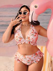 Swim Mod 女士夏季沙滩印花露背系带性感比基尼泳衣套装 - 白色 - 查看 1