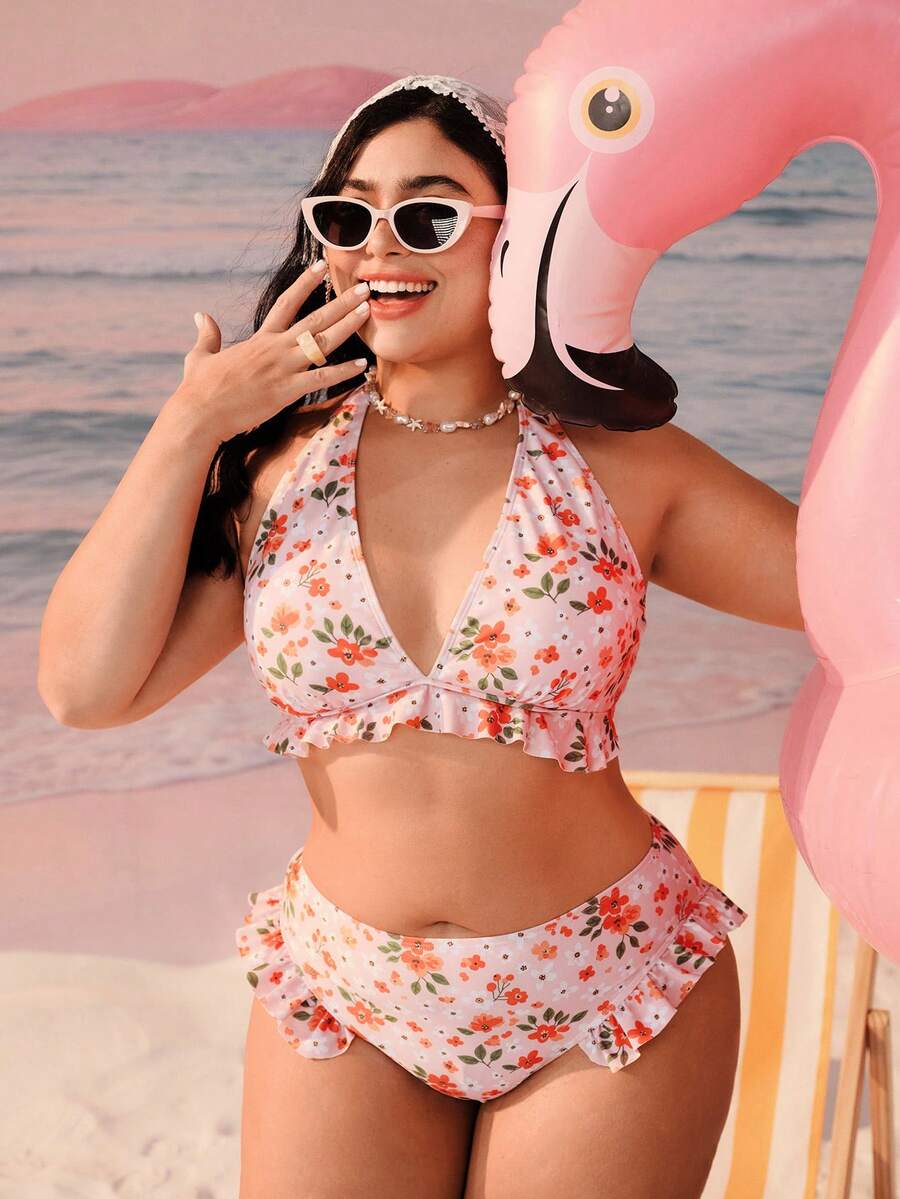 Swim Mod 女士夏季沙滩印花露背系带性感比基尼泳衣套装 - 白色 - 查看 1