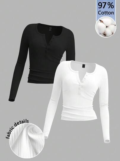 Tseoso 两件套加大码女式亨利领纽扣长袖T恤（黑白两色） - 休闲复古经典柔软清新风格，适合秋冬春季穿着