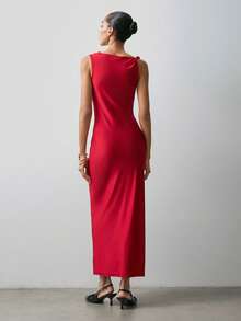 Maija 女士纯色垂褶修身优雅无袖连衣裙 - 紅色 - 查看 7