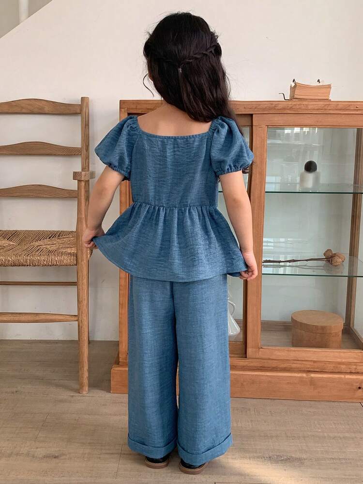 Young Girls Shirt Set, Sweet Puff Sleeve Drawstring Short Sleeve Top And Flared Straight Leg Pants Set Summer