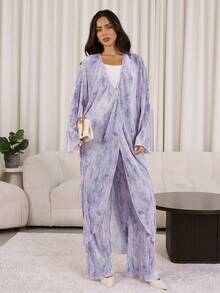 Veilorie 2pcs Women All-Over Print Long Sleeve Top And Elastic Waist Pants Set Lavender Outfit Woman Lavender Two Piece Set Pleated Set Woman Modest Sets For Women Lavender Pants Set - Multicolor - View 5
