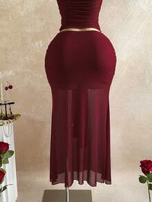 Soleia 女士浪漫度假玫瑰纹理面料拼接网纱抹胸上衣搭配网纱垂褶系带腰部长裙套装，休闲、约会、夜店、下午茶、海滩、邮轮、城市度假、音乐节、派对、波西米亚风、嬉皮风、西部风、日常通勤，红色裙装套装，玫瑰套装 - 酒紅色 - 查看 7